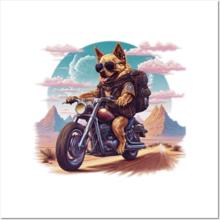 Dog with sunglasses riding a motorcycle in the desert Posters and Art